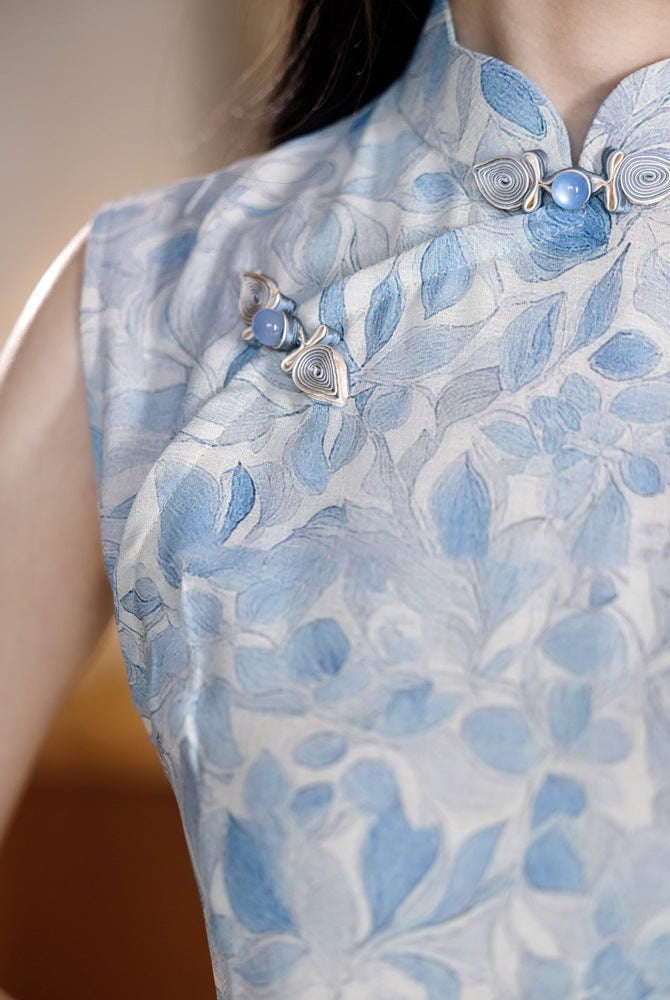 Beth and Brian Qipao-YG Tencel linen fabric, blue midi Cheongsam