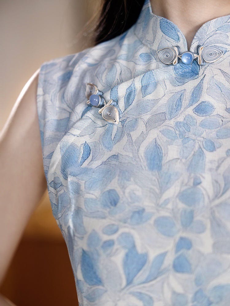 Beth and Brian Qipao-YG Tencel linen fabric, blue midi Cheongsam