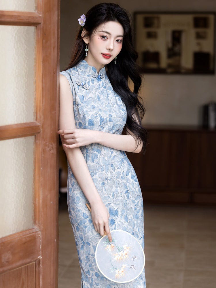 Beth and Brian Qipao-YG Tencel linen fabric, blue midi Cheongsam