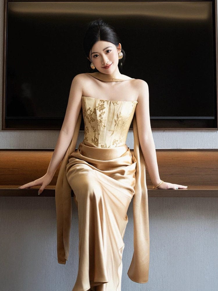 Beth and Brian Qipao-QHM Tube top, New Chinese style (新中式), floral satin floor length Cheongsam