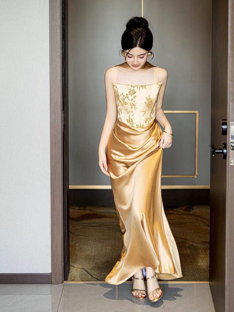 Beth and Brian Qipao-QHM Tube top, New Chinese style (新中式), floral satin floor length Cheongsam