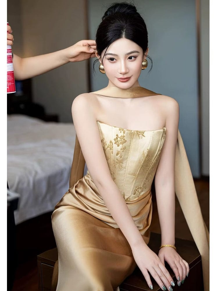 Beth and Brian Qipao-QHM Tube top, New Chinese style (新中式), floral satin floor length Cheongsam