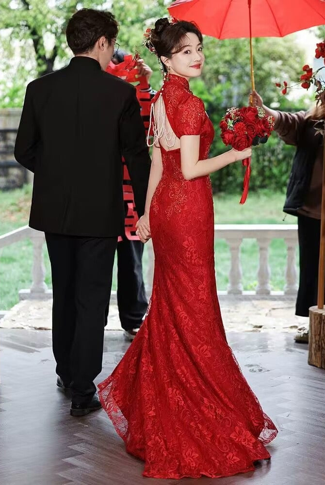 Beth and Brian Qipao-YST Backless, floral embroidery, wine red long Cheongsam