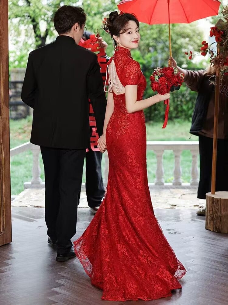 Beth and Brian Qipao-YST Backless, floral embroidery, wine red long Cheongsam