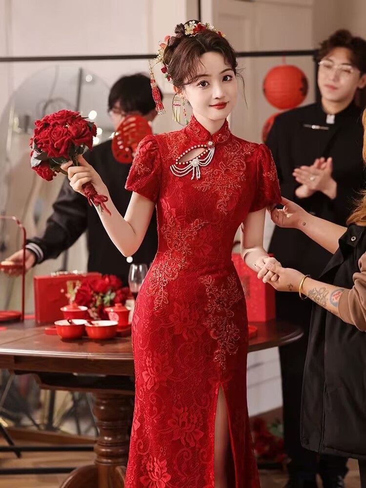 Beth and Brian Qipao-YST Backless, floral embroidery, wine red long Cheongsam