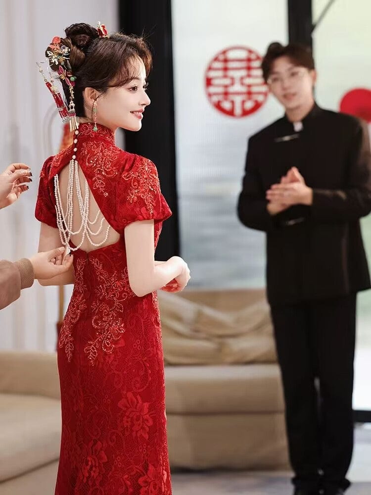 Beth and Brian Qipao-YST Backless, floral embroidery, wine red long Cheongsam