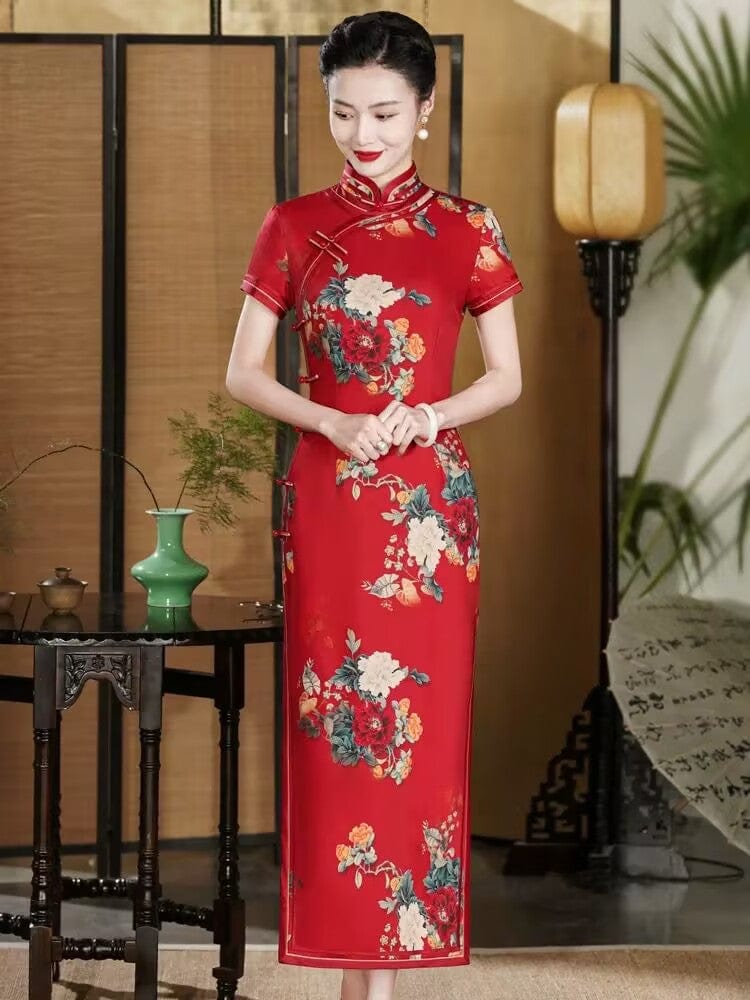 Beth and Brian Qipao-HQ Old Shanghai style, floral pattern, red long Cheongsam