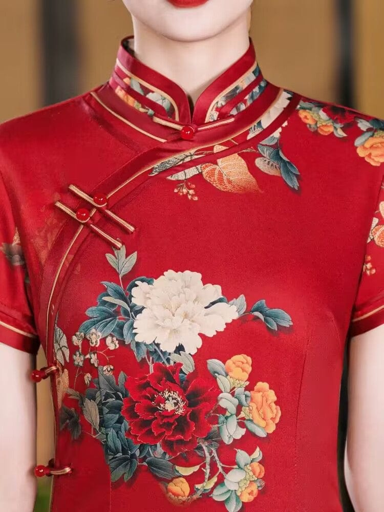 Beth and Brian Qipao-HQ Old Shanghai style, floral pattern, red long Cheongsam