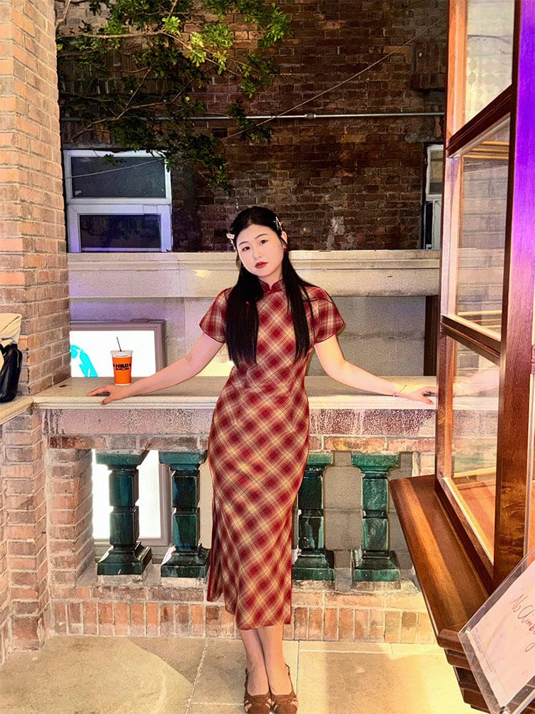 Beth and Brian Qipao-LSB Plaid pattern, daily red midi Cheongsam