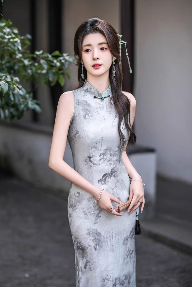 Beth and Brian Qipao-GSJ New Chinese style (新中式), Chinese ink painting pattern, grey midi Cheongsam