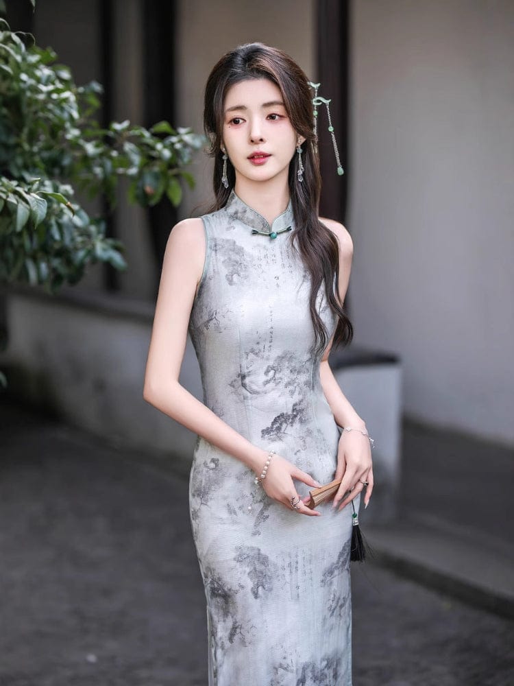 Beth and Brian Qipao-GSJ New Chinese style (新中式), Chinese ink painting pattern, grey midi Cheongsam