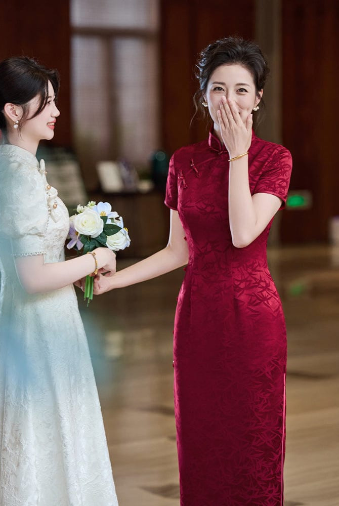 Beth and Brian Qipao-LHS Leaf pattern, wine red midi Cheongsam for mother