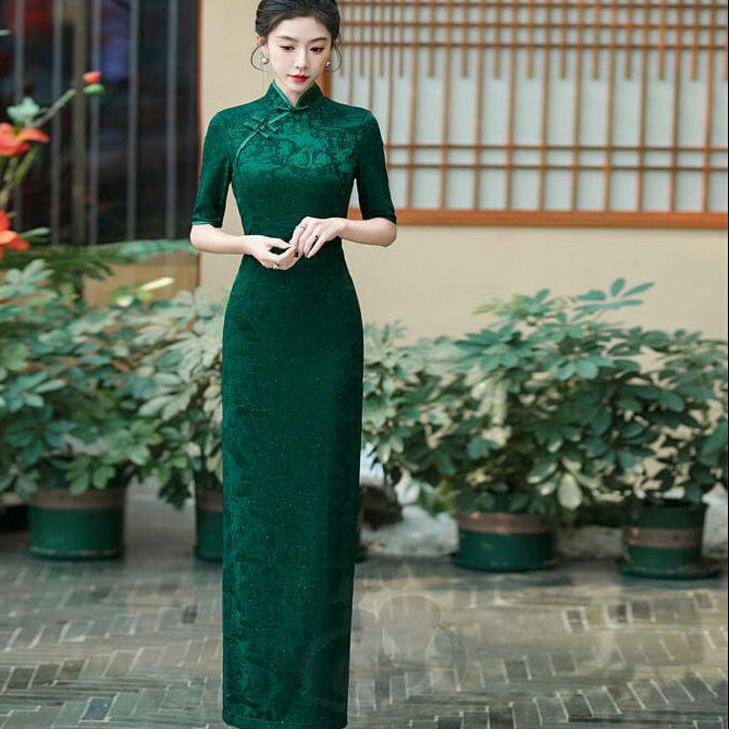 Beth and Brian Qipao-YS Floral pattern, jacquard and knitting fabric, prom long Cheongsam