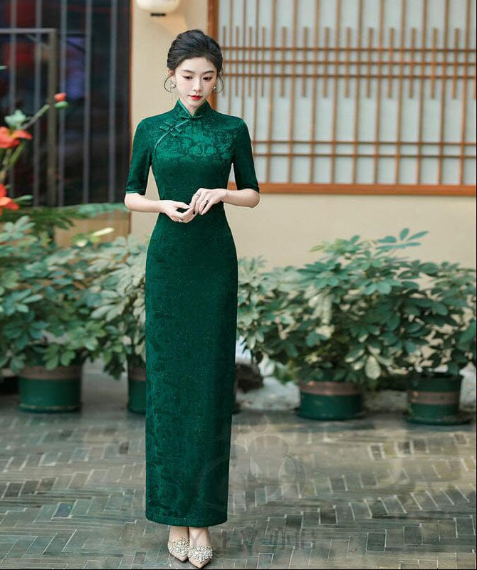 Beth and Brian Qipao-YS Floral pattern, jacquard and knitting fabric, prom long Cheongsam