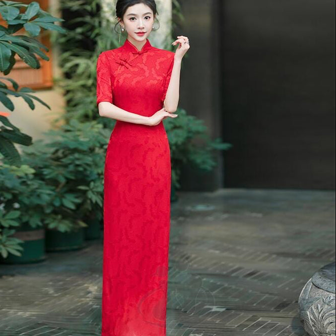Beth and Brian Qipao-YS Floral pattern, jacquard and knitting fabric, prom long Cheongsam