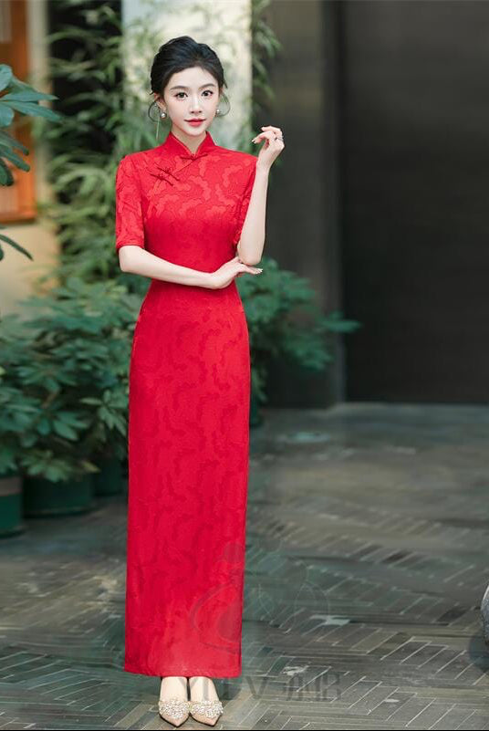Beth and Brian Qipao-YS Floral pattern, jacquard and knitting fabric, prom long Cheongsam