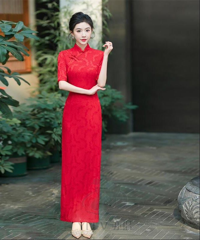 Beth and Brian Qipao-YS Floral pattern, jacquard and knitting fabric, prom long Cheongsam