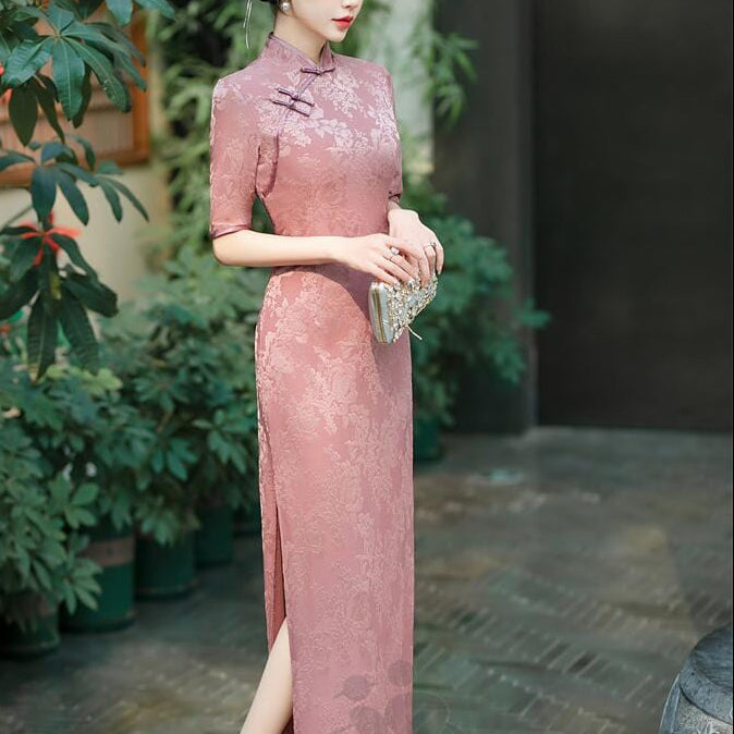 Beth and Brian Qipao-YS Floral pattern, jacquard and knitting fabric, prom long Cheongsam