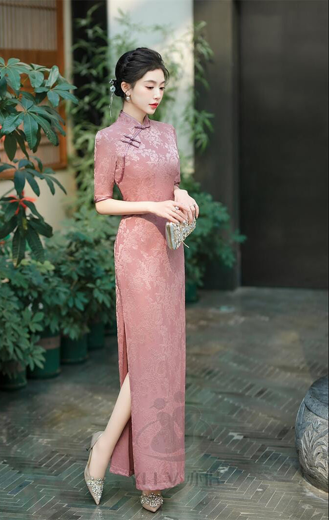 Beth and Brian Qipao-YS Floral pattern, jacquard and knitting fabric, prom long Cheongsam