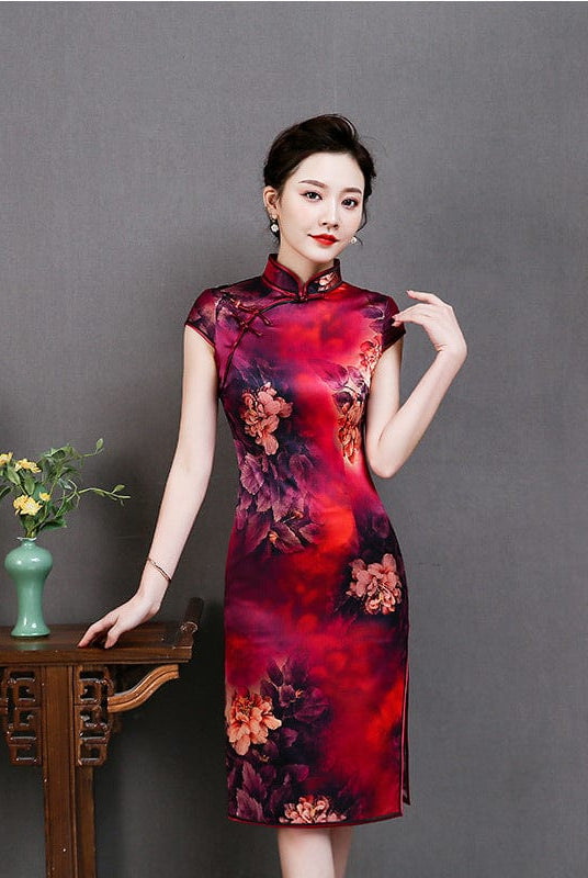 Beth and Brian Qipao-QHJS High-end, 19 mome mulberry silk, wine red midi Cheongsam