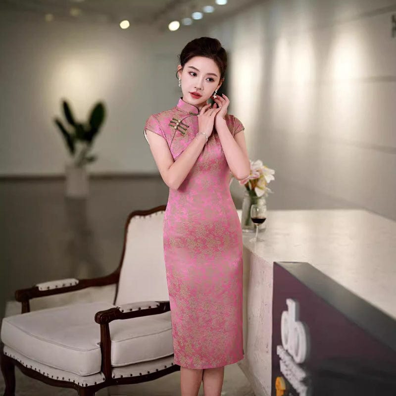 Beth and Brian Qipao-QHJS Floral print, pink midi Cheongsam with raglan sleeves