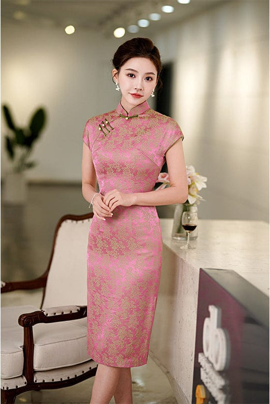 Beth and Brian Qipao-QHJS Floral print, pink midi Cheongsam with raglan sleeves