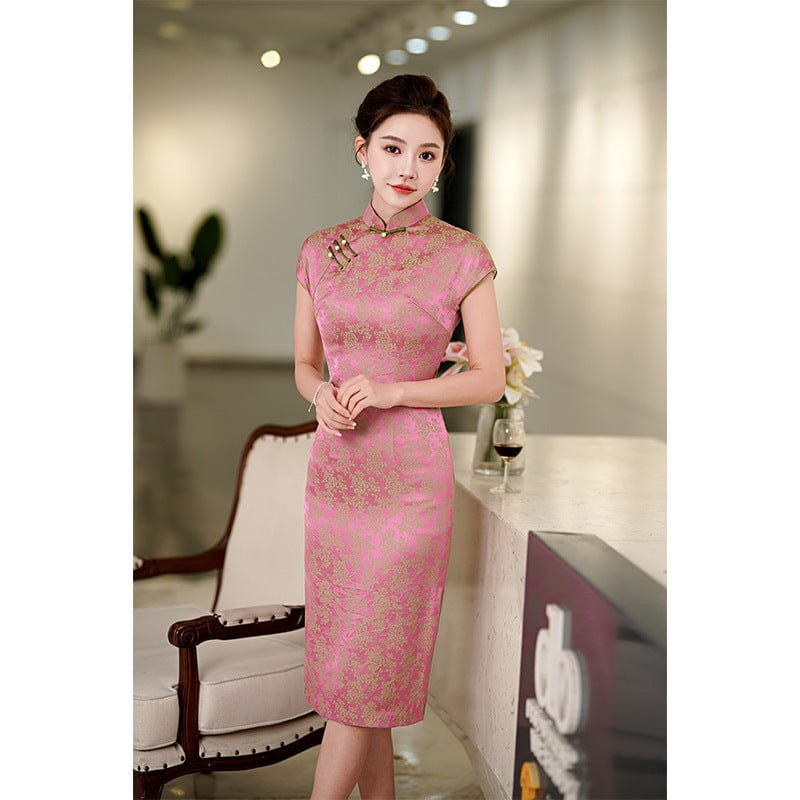 Beth and Brian Qipao-QHJS Floral print, pink midi Cheongsam with raglan sleeves