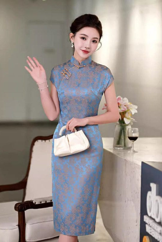 Beth and Brian Qipao-QHJS Floral print, blue midi Cheongsam with raglan sleeves