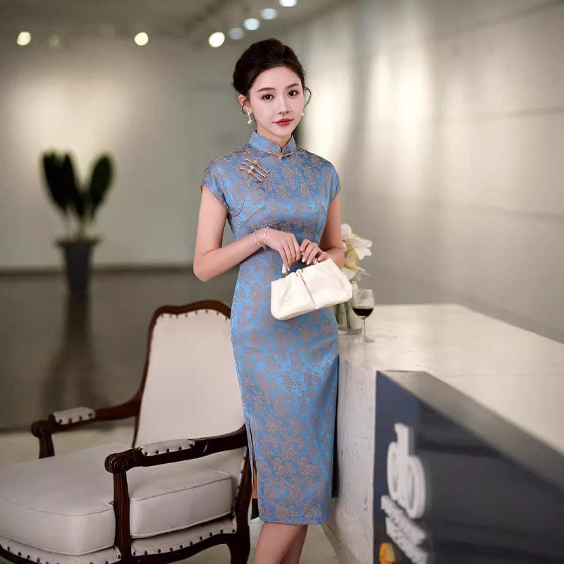 Beth and Brian Qipao-QHJS Floral print, blue midi Cheongsam with raglan sleeves