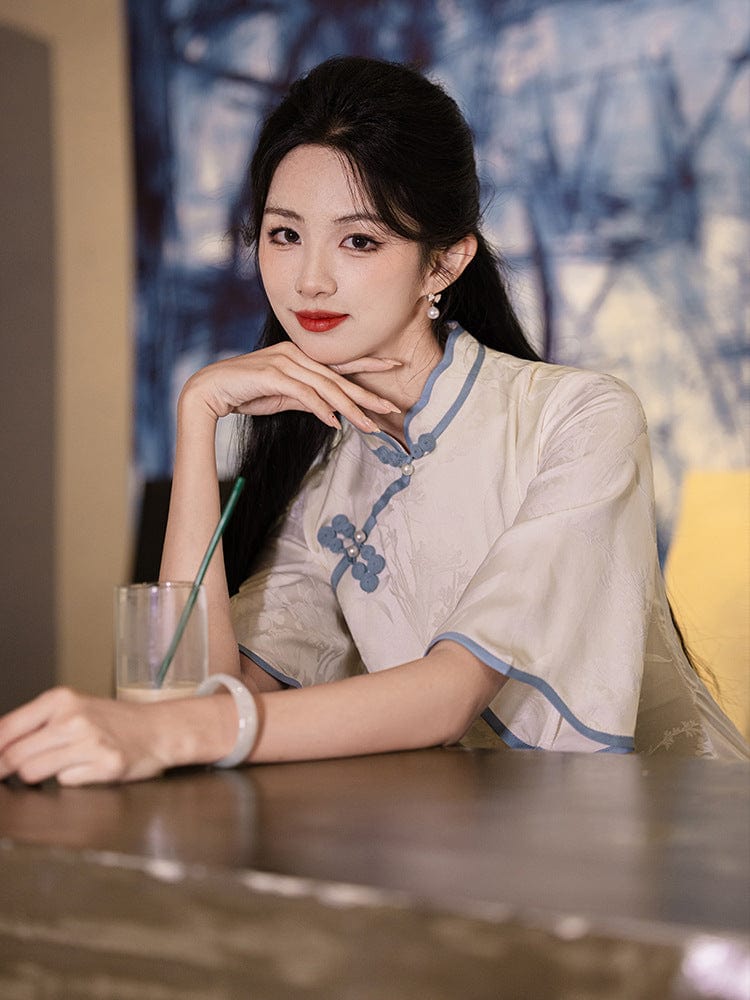 Beth and Brian Qipao-LSB Floral pattern, beige jacquard midi Cheongsam