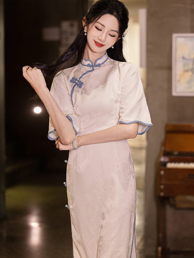 Beth and Brian Qipao-LSB Floral pattern, beige jacquard midi Cheongsam