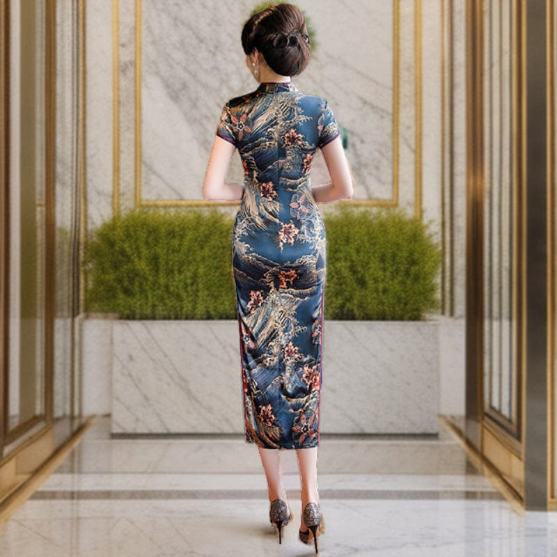 Beth and Brian Qipao-HSY Ocean Wave Pattern, 19 mome mulberry silk, high-end long Cheongsam