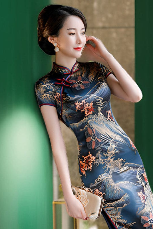 Beth and Brian Qipao-HSY Ocean Wave Pattern, 19 mome mulberry silk, high-end long Cheongsam