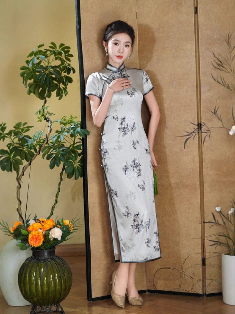 Beth and Brian Qipao-QHJS 19 mome mulberry silk, high-end, grey long Cheongsam