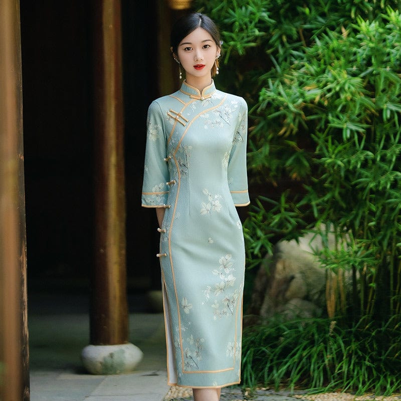 Beth and Brian Qipao-ZQYS Fall collection, floral pattern midi Cheongsam