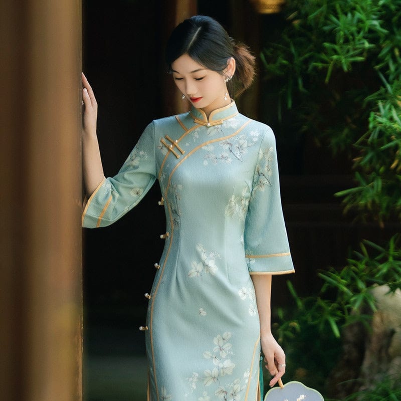 Beth and Brian Qipao-ZQYS Fall collection, floral pattern midi Cheongsam