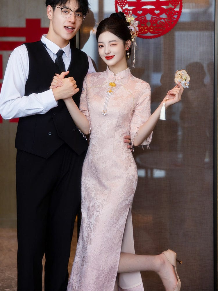 Beth and Brian Qipao-LSB Floral pattern, jacquard fabric, wedding midi Cheongsam