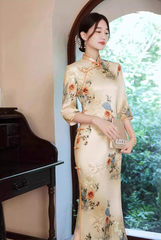 Beth and Brian Qipao-WQ Floral pattern, light yellow long Cheongsam