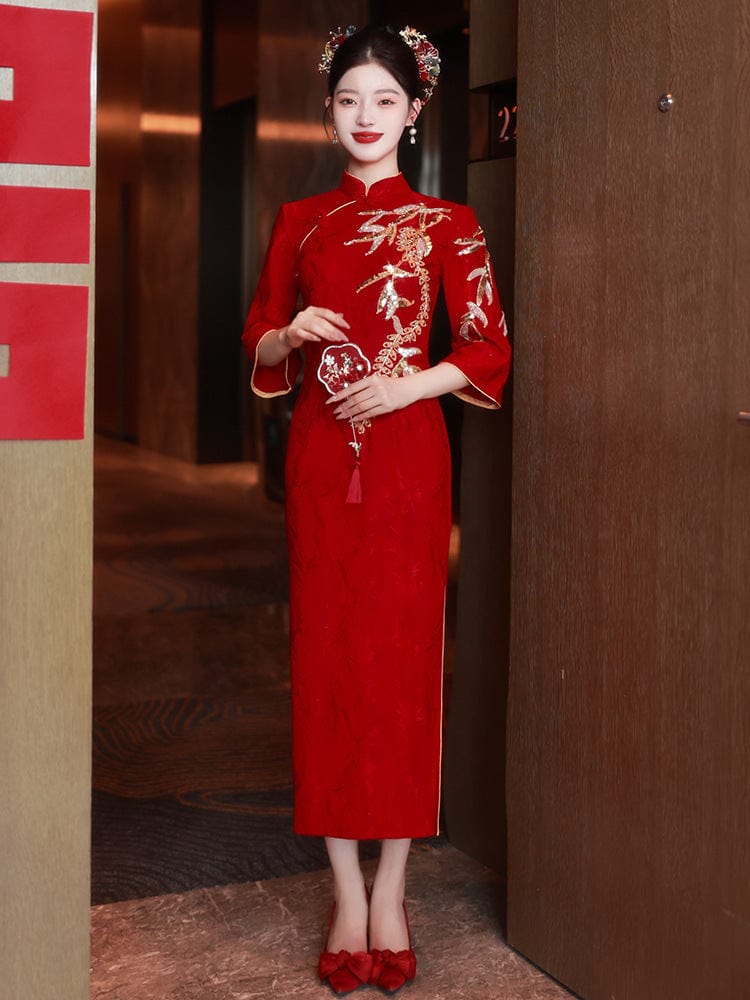 Beth and Brian Qipao-LSB Leaf embroidery, jacquard fabric, wedding midi Cheongsam