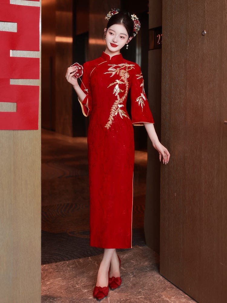 Beth and Brian Qipao-LSB Leaf embroidery, jacquard fabric, wedding midi Cheongsam