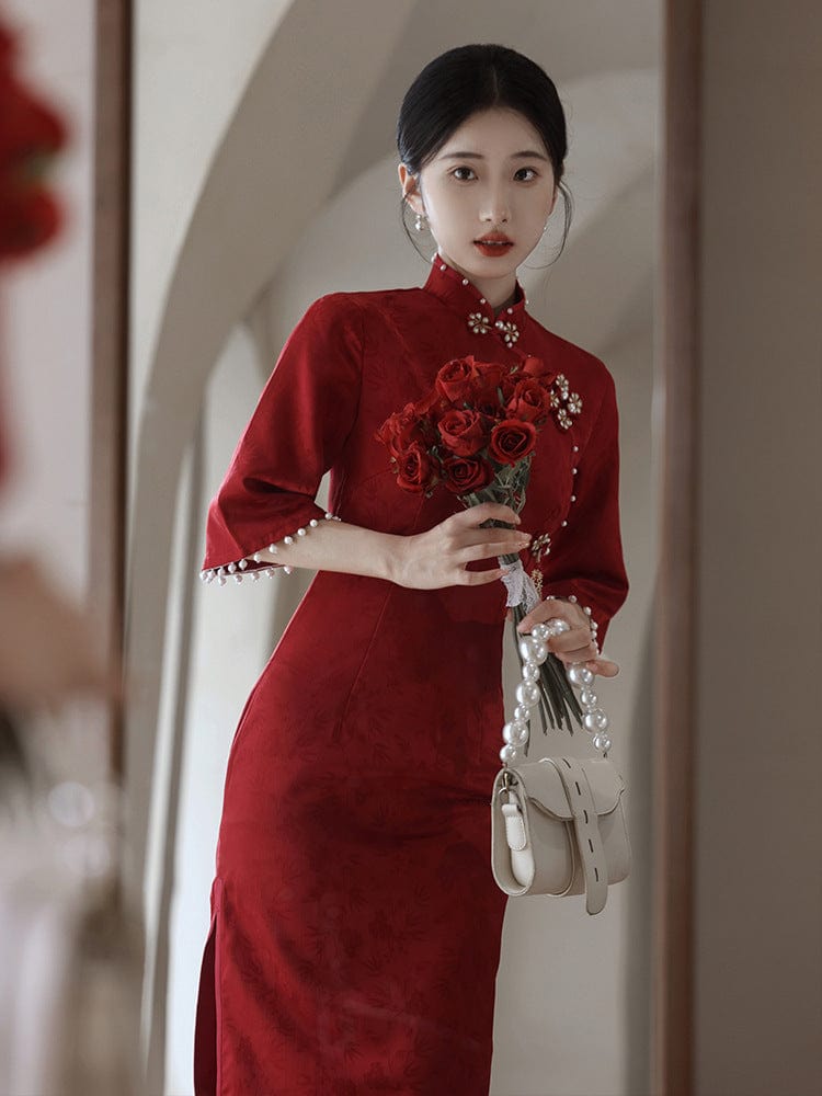 Beth and Brian Qipao-LSB Floral pattern, jacquard fabric, wedding midi Cheongsam