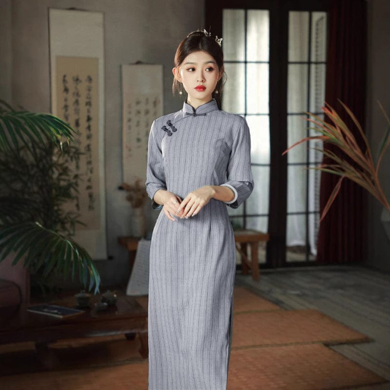 Beth and Brian Qipao-HQJ Stripe pattern, cotton mid-length Cheongsam