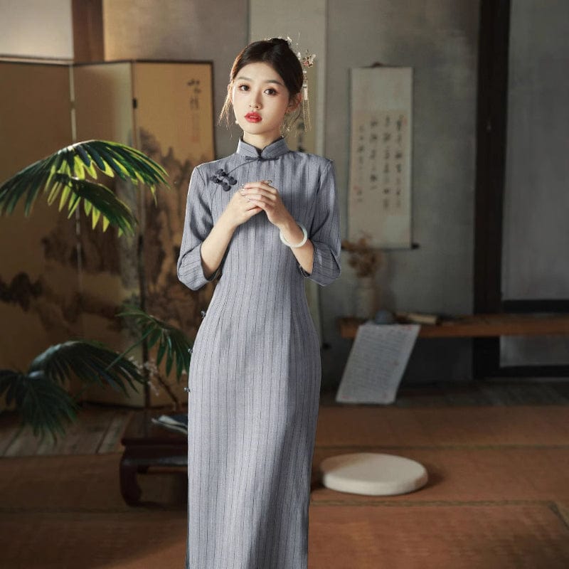 Beth and Brian Qipao-HQJ Stripe pattern, cotton mid-length Cheongsam