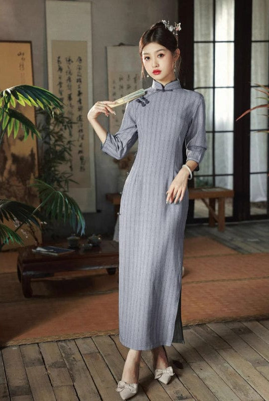 Beth and Brian Qipao-HQJ Stripe pattern, cotton mid-length Cheongsam