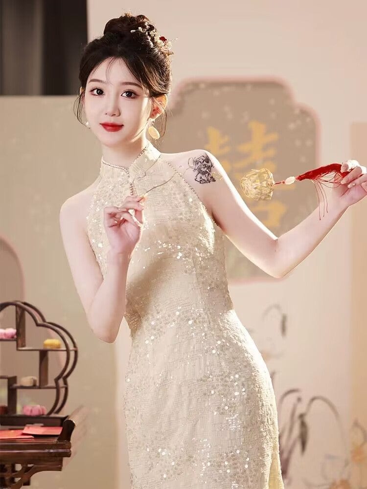 Beth and Brian Qipao-YHY Sleeveless, New Chinese style (新中式), beige midi Cheongsam