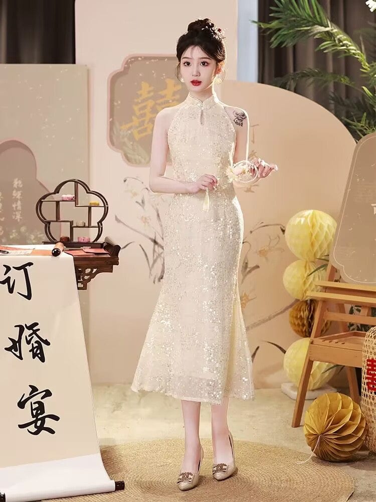 Beth and Brian Qipao-YHY Sleeveless, New Chinese style (新中式), beige midi Cheongsam