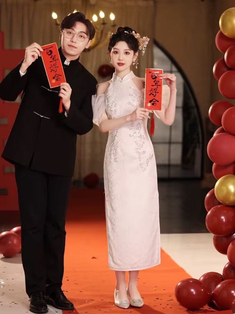 Beth and Brian Qipao-WX Halter, floral pattern, wedding midi Cheongsam