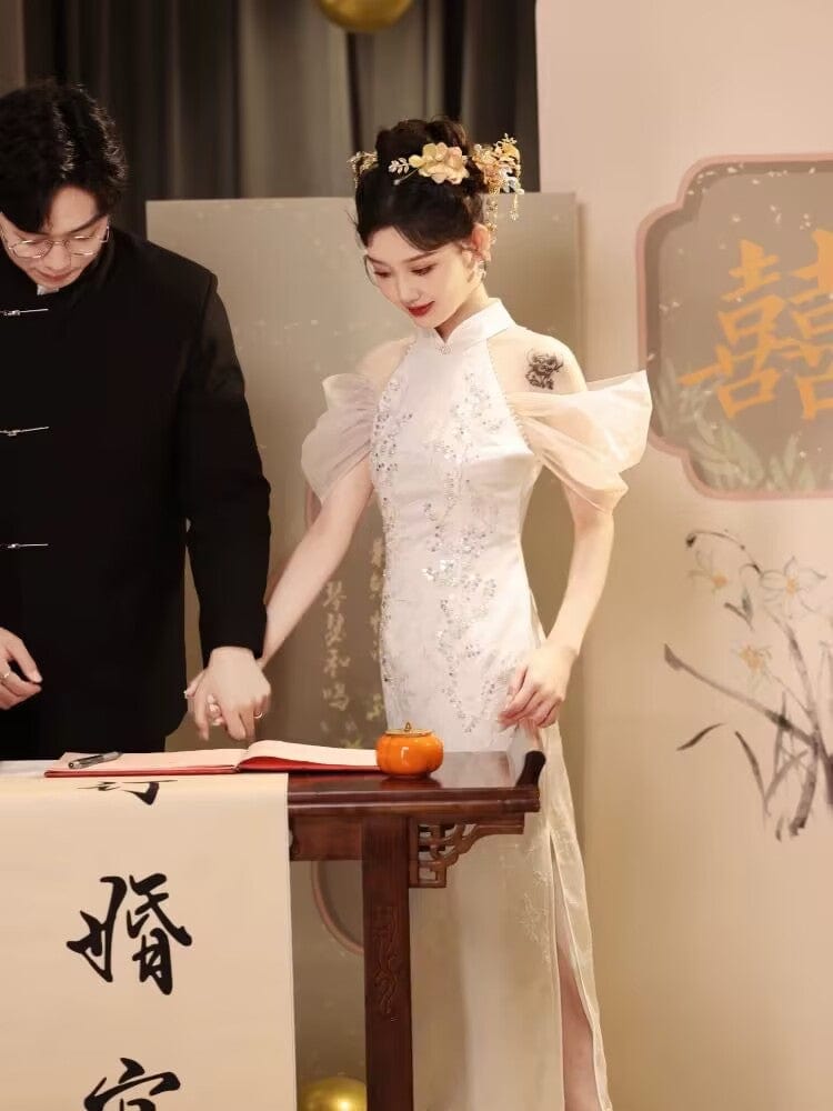 Beth and Brian Qipao-WX Halter, floral pattern, wedding midi Cheongsam