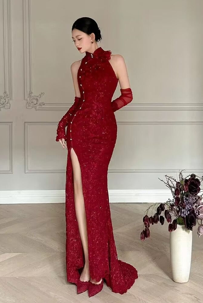 Beth and Brian Qipao-MW Backless, floral pattern, wedding fishtail Cheongsam