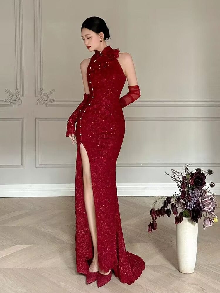 Beth and Brian Qipao-MW Backless, floral pattern, wedding fishtail Cheongsam